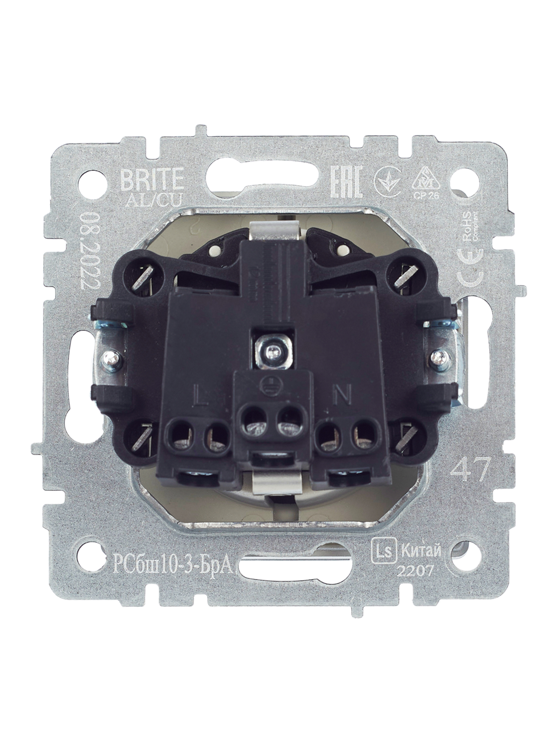 BRITE Розетка с заземлением с защитными шторками и крышкой 16А IP20 РСбш10-3-БрА алюминий IEK BR-R16-16-K47