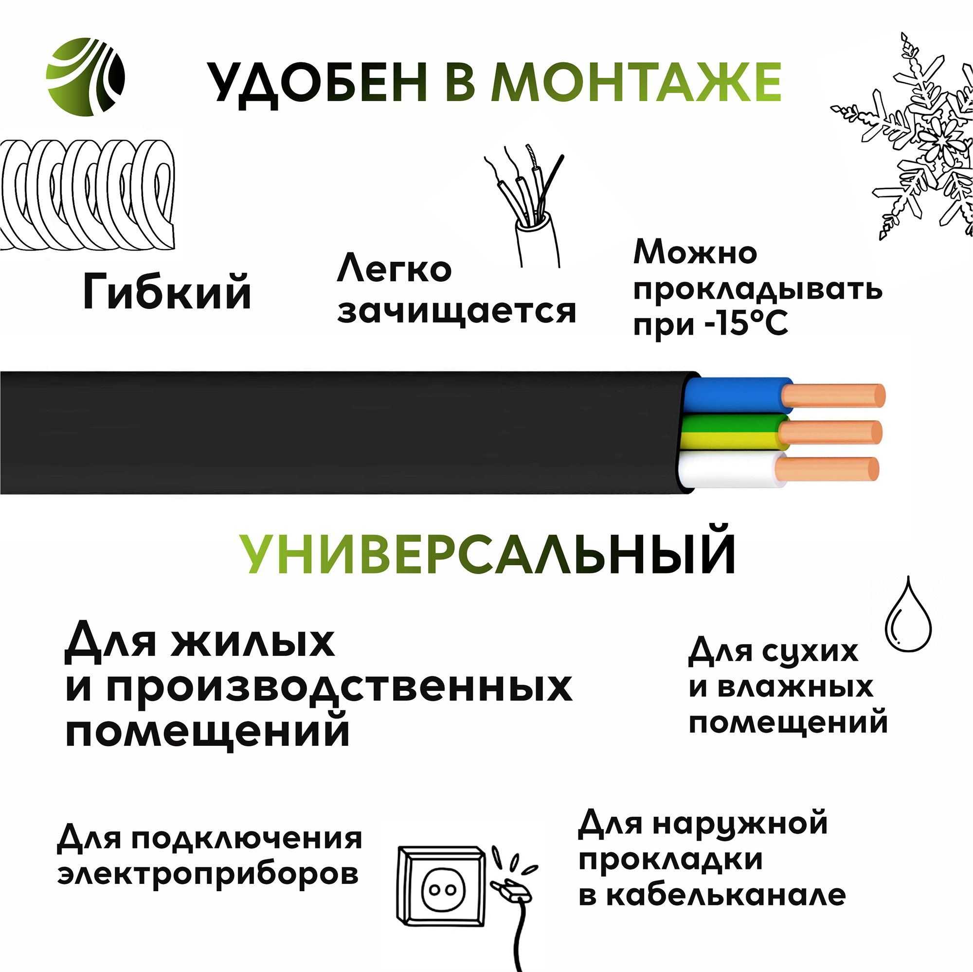 Кабель силовой с медными жилами ВВГ-Пнг(A)-LS 3х1,5(N, PE)-660 Ореол 00-00001174