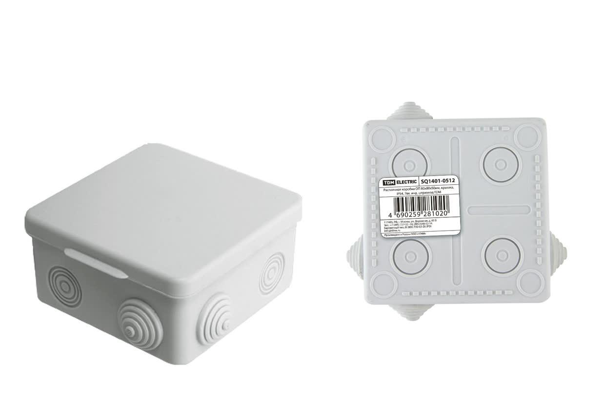 Распаячная коробка ОП 80х80х50мм крышка IP54 7вх. инд. штрихкод TDM TDM ELECTRIC SQ1401-0512