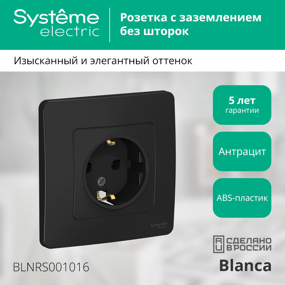 BLANCA скрытой установки розетка с заземлением без шторок, 16А, 250В, антрацит Systeme Electric BLNRS001016