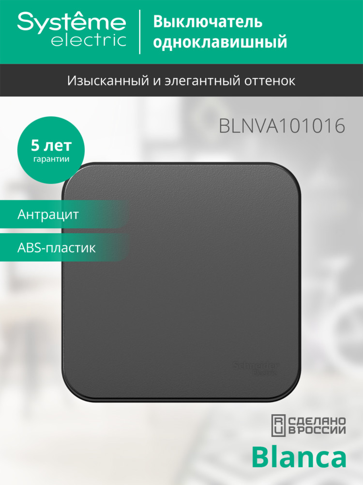 BLANCA одноклавишный выключатель наружный (cх.1) с изолирующей пластиной, 10A, 250B, антрацит Systeme Electric BLNVA101016