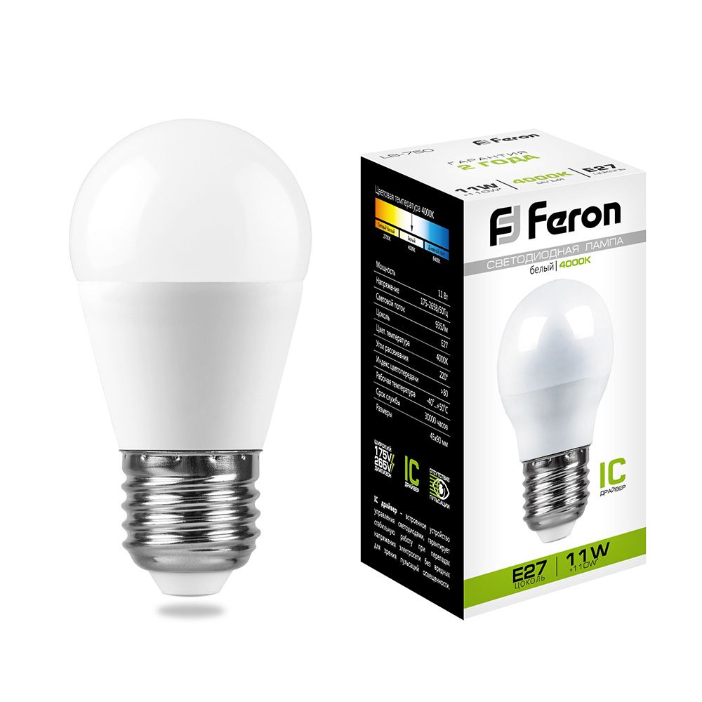 Лампа светодиодная LED 11вт Е27 белый матовый шар FERON LB-750 25950