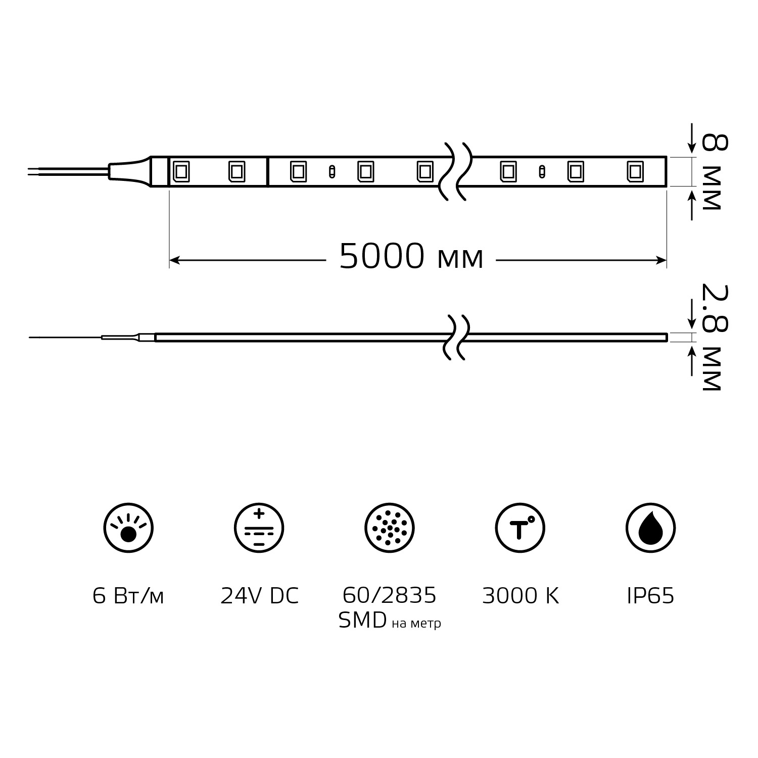 Лента светодиодная 6 Вт/м DC 24В 3000К IP65 60LED SMD2835 800 лм/м Black Gauss GAUSS 23637432006