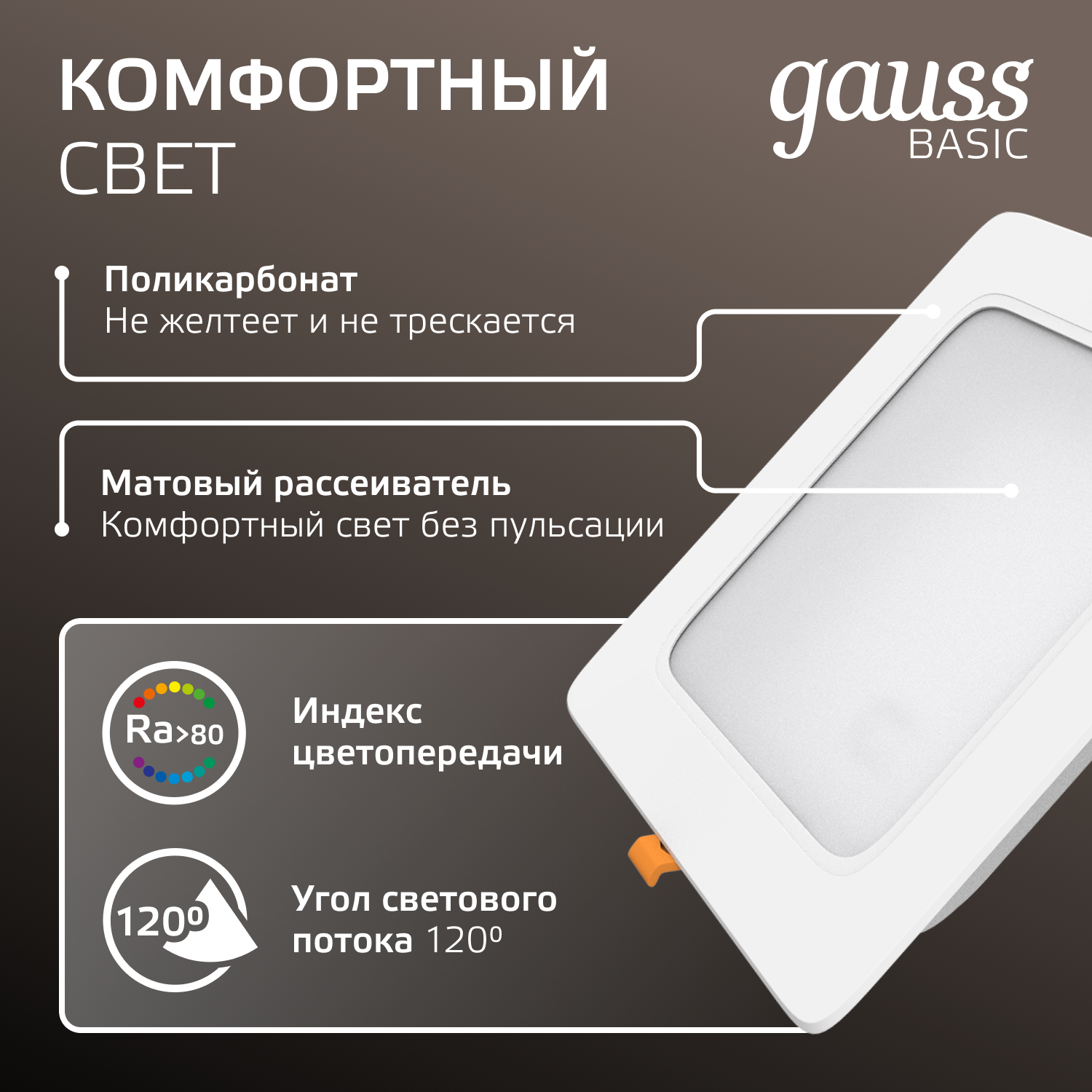 Светильник светодиодный ДВО 12 Вт 1000 лм 4000К AC 220В IP20 квадрат 145х145х26мм монт разм 120х120мм Пластик Basic Gauss GAUSS 9031420212