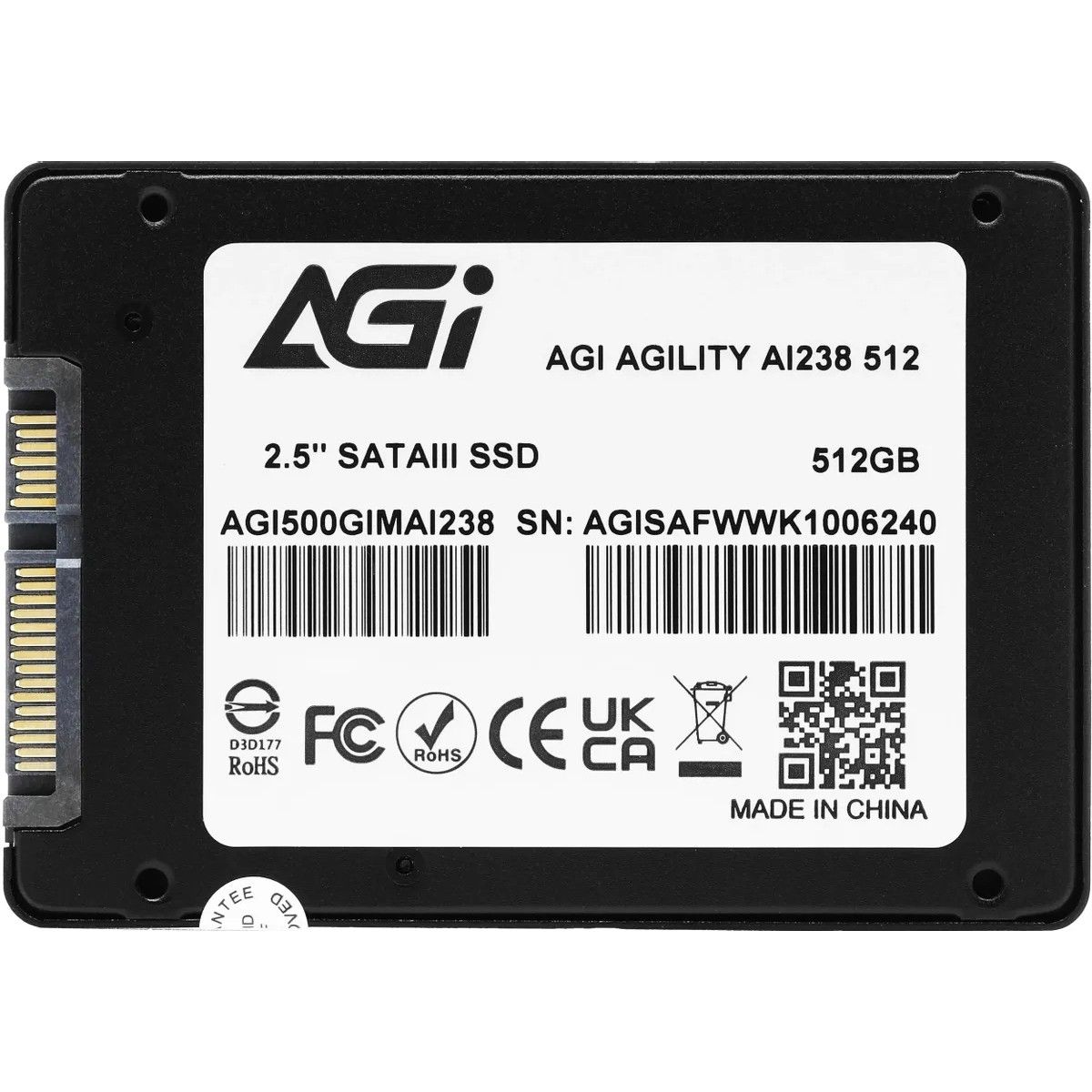 Накопитель SSD 2.5'', 512 ГБ, AI238, SATA III, QLC, 530/510 МБ/с, TBW 300 AGI AGI500GIMAI238-CB 210635