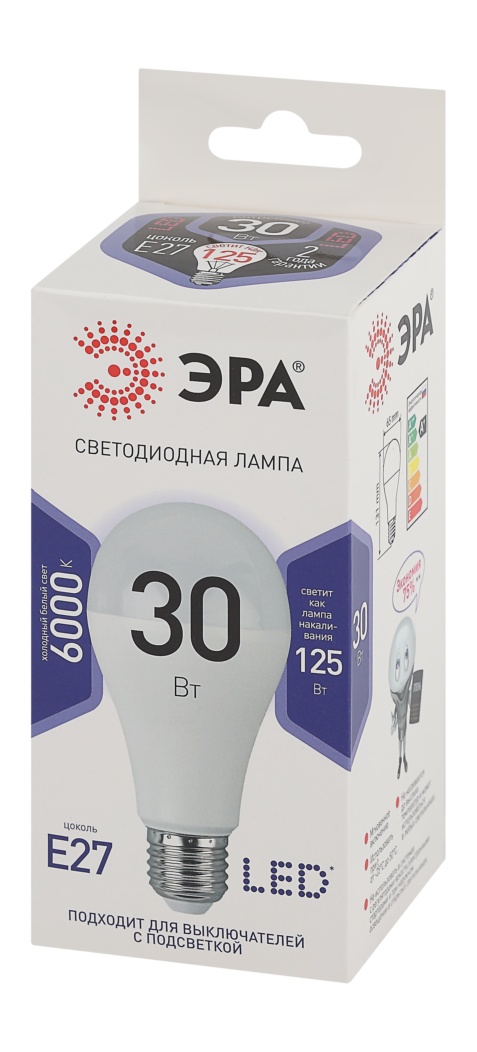 Лампа светодиодная LED 30 Вт 2400Лм 6000К груша холодный E27 170-265В LED A65-30W-860-E27 Standart ЭРА Б0048017