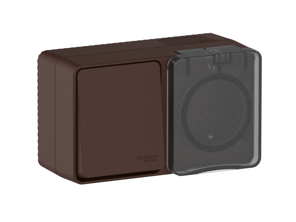 AtlasDesign PROFI IP54 О/У БЛОК: РОЗ. з/к со шт. 16А, ВЫКЛ.1-клав.10А, КОРИЧНЕВЫЙ Systeme Electric ATN546070