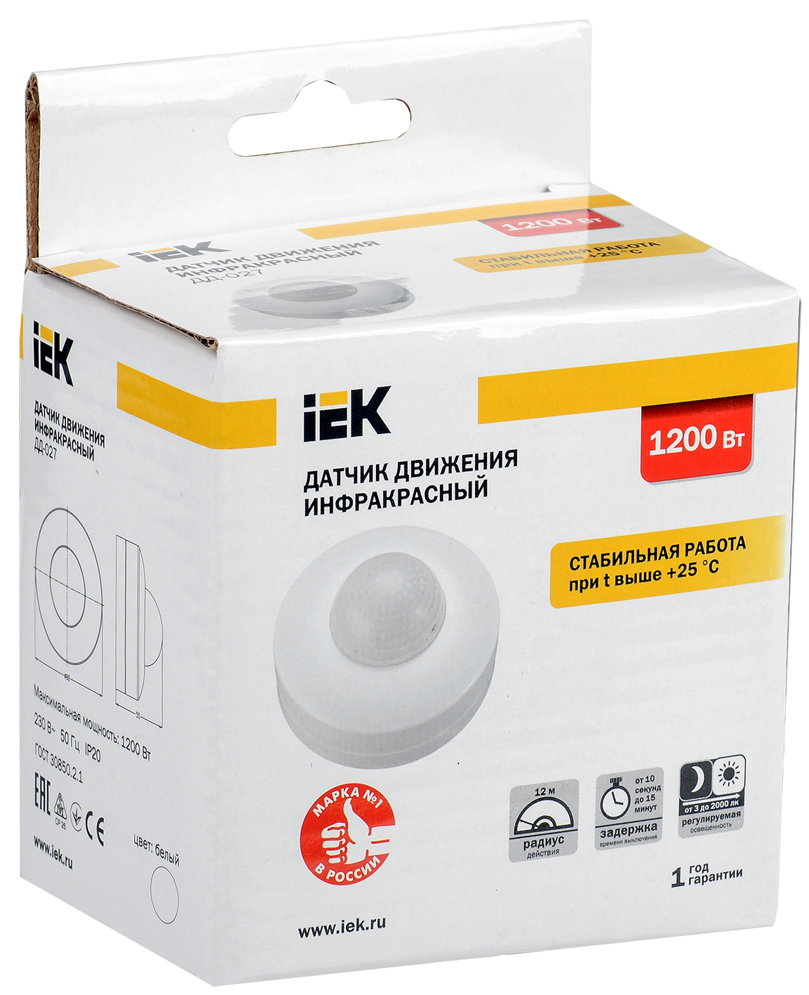 Датчик движения ДД 027 белый 1200Вт 360гр 12м IP20 IEK LDD11-027-1200-001