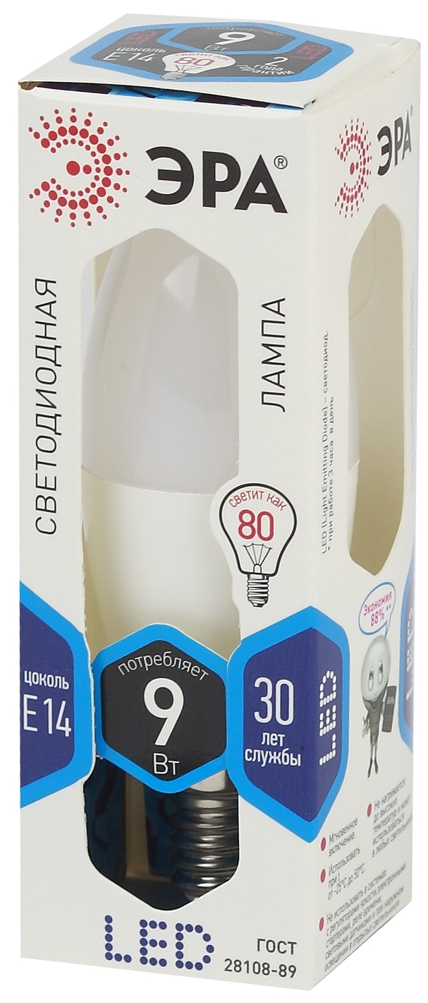 Лампа светодиодная LED 9 Вт 720Лм 4000К свеча нейтральный E14 170-265В LED B35-9W-840-E14 Standart ЭРА Б0027970
