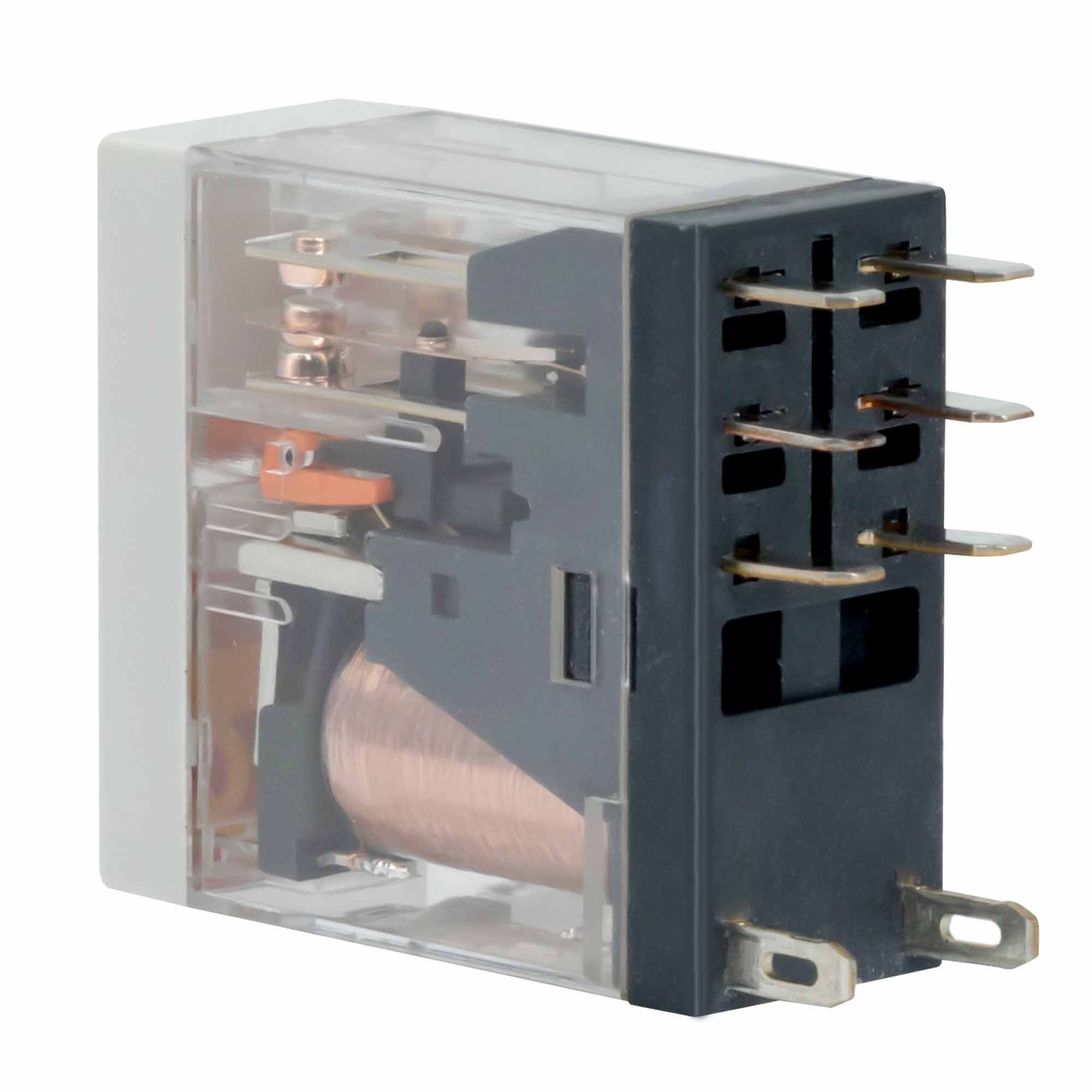 Реле миниатюрное промышленное, 2CO, ком. ток 8А, AgSnO2, напряжение 230V AC, опция: тест-кнопка+светодиод DKC IR-230AC-2CO-D