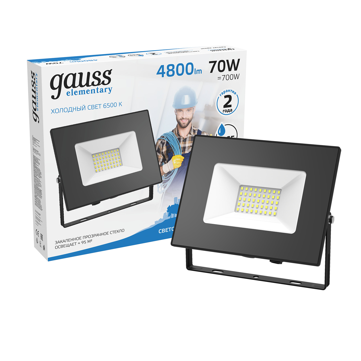 Прожектор светодиодный ДО 70 Вт 6300 Лм 6500К AC 220В IP65 140х208х30 мм Elementary G2 GAUSS 613100370