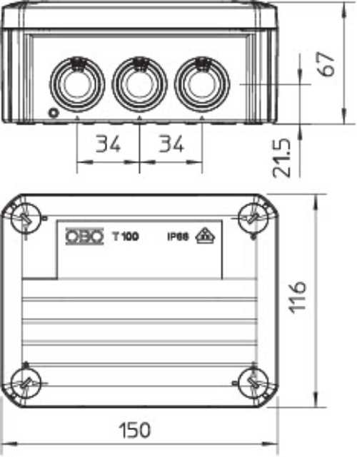 Коробка распаячная T100 влагозащищенная IP 66 150x116x67 OBO Bettermann T 100 2007077    