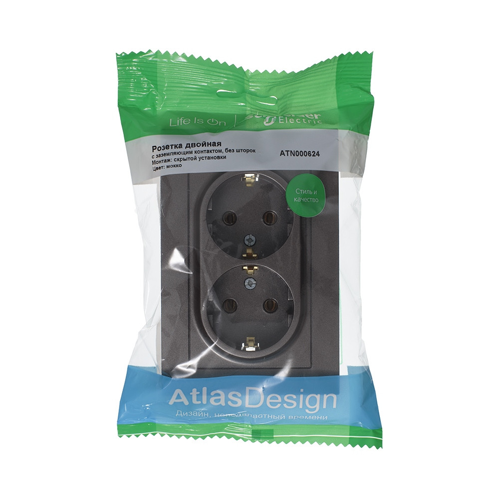 Розетка ATLASDESIGN двойная с заземлением 16А в сборе мокко Systeme Electric ATN000624