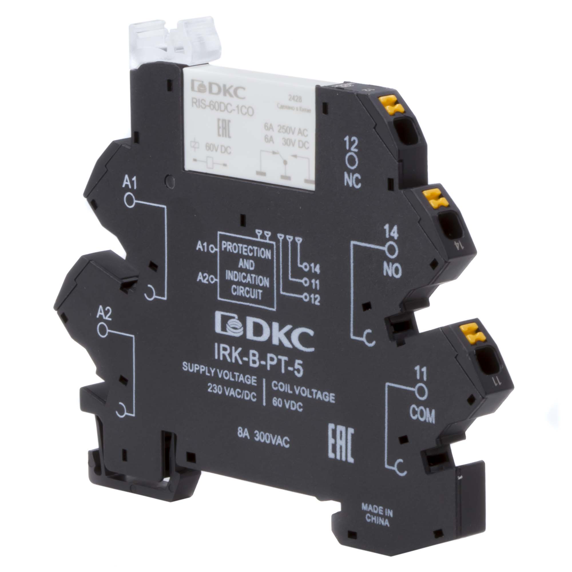 Реле интерфейсное, 1CO, ком. ток 6А, AgSnO2, напряжение 230V AC/DC, push-in клеммы. DKC IRK-230UC-1CO-PT