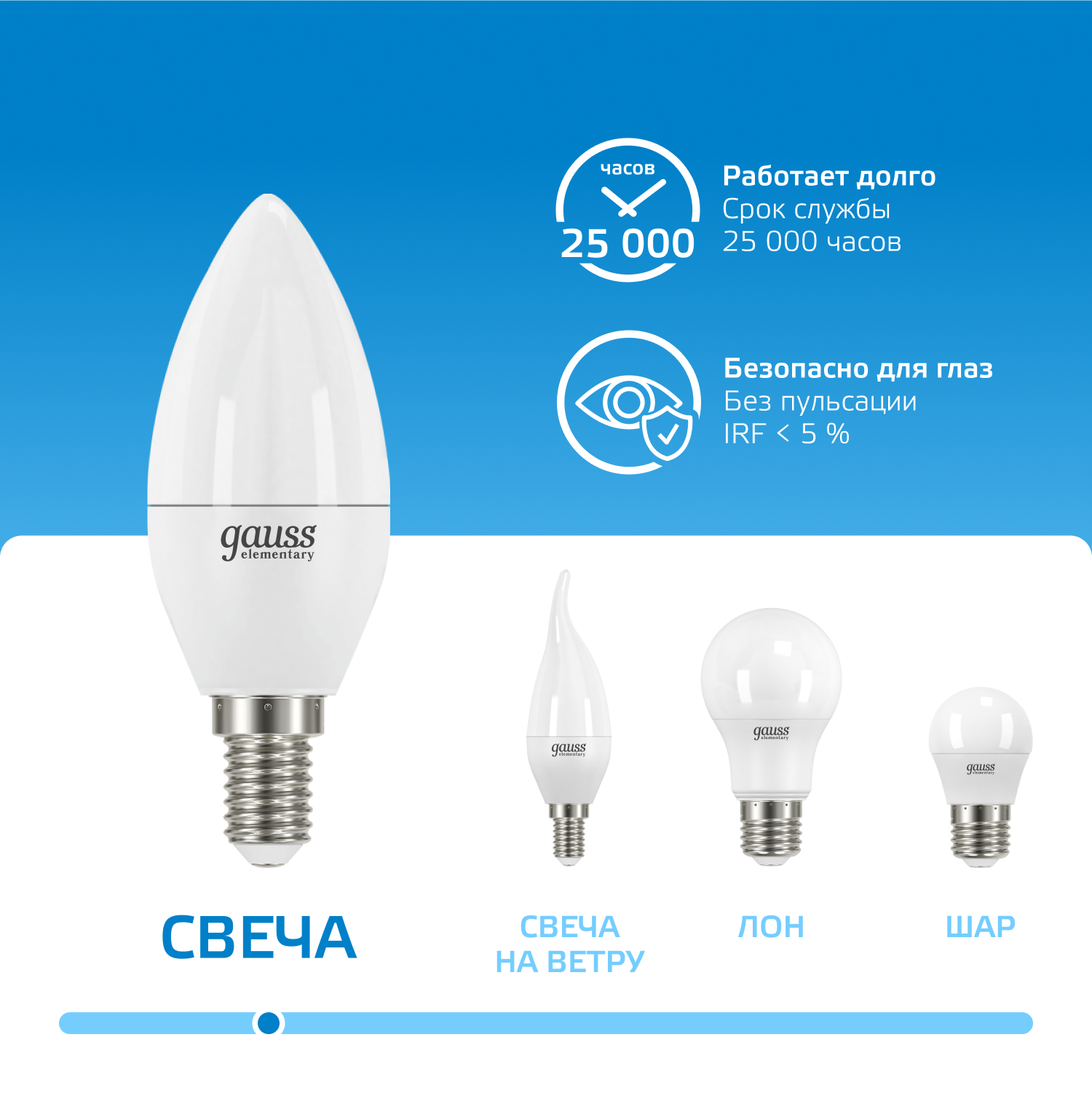 Лампа светодиодная LED 10 Вт 750 лм 6500К свеча холодный E14 AC 220В Elementary GAUSS 33130
