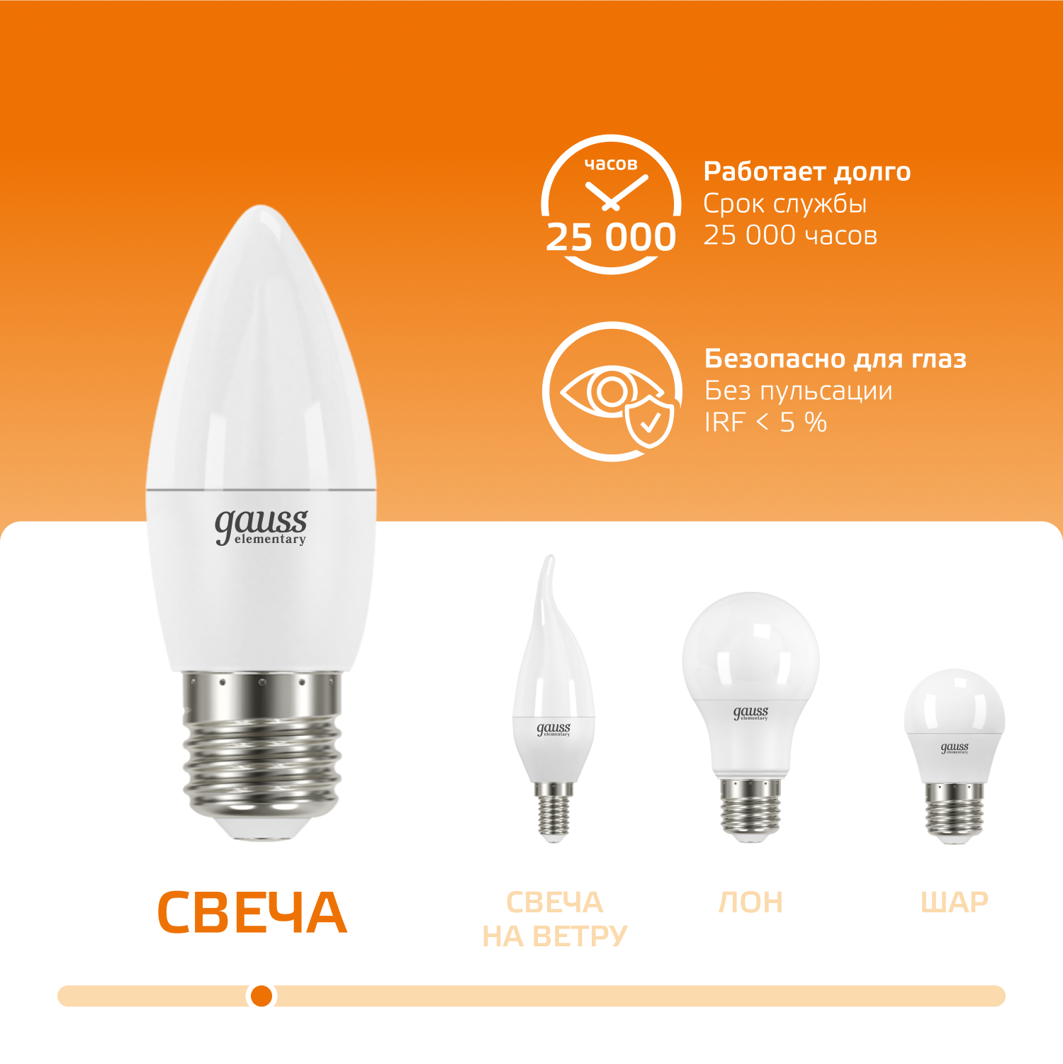 Лампа светодиодная LED 6 Вт 420 лм 3000К свеча теплый E27 AC 220В Elementary GAUSS 33216