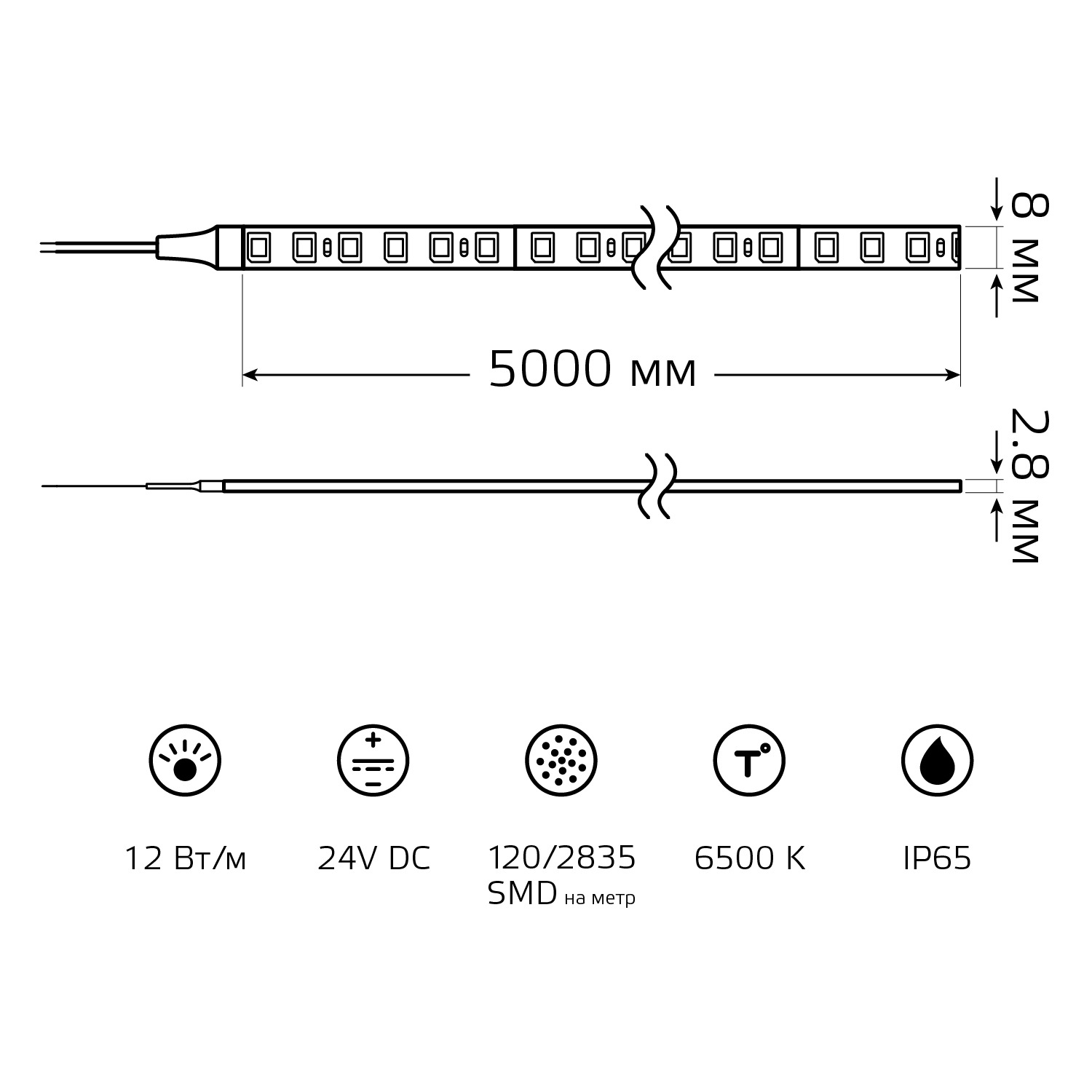 Лента светодиодная 12 Вт/м DC 24В 6500К IP65 120LED SMD2835 1400 лм/м Black Gauss GAUSS 23637452010