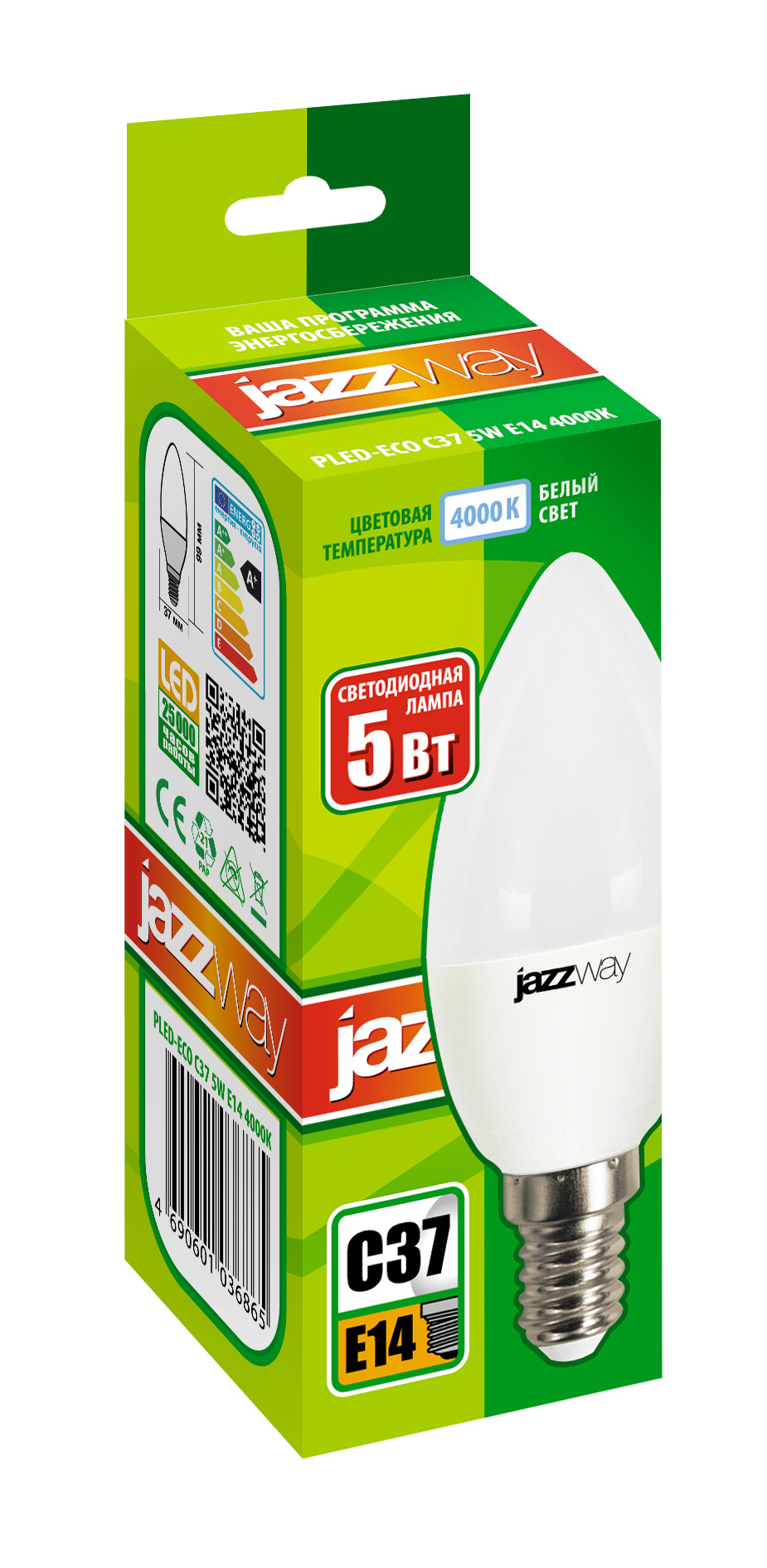 Лампа светодиодная LED 5Вт E14 400Лм белый матовая свеча 230V/50Hz ECO JazzWay 1036865A