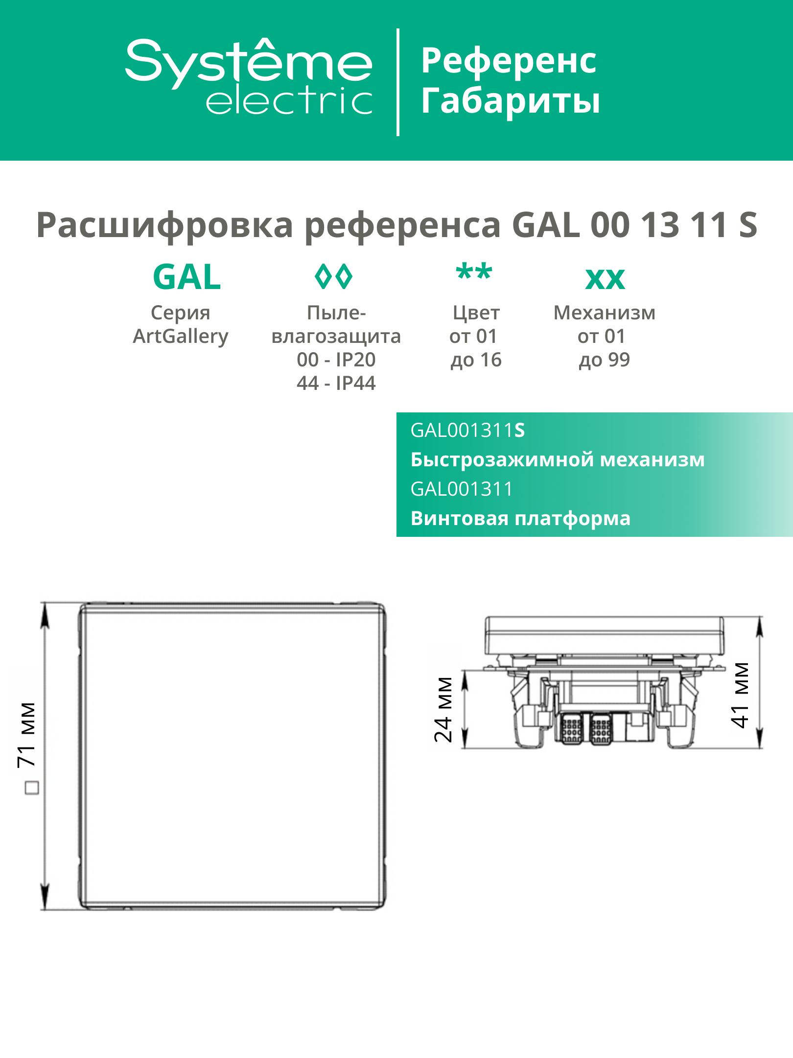 ARTGALLERY 1-клавишный ВЫКЛЮЧАТЕЛЬ, 10АХ, механизм, быстрозажимные клеммы, ЛОТОС Systeme Electric GAL001311S