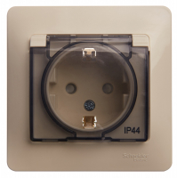 GLOSSA Розетка с заземлением со шторками с крышкой бежевая в сборе IP44 Systeme Electric GSL000248