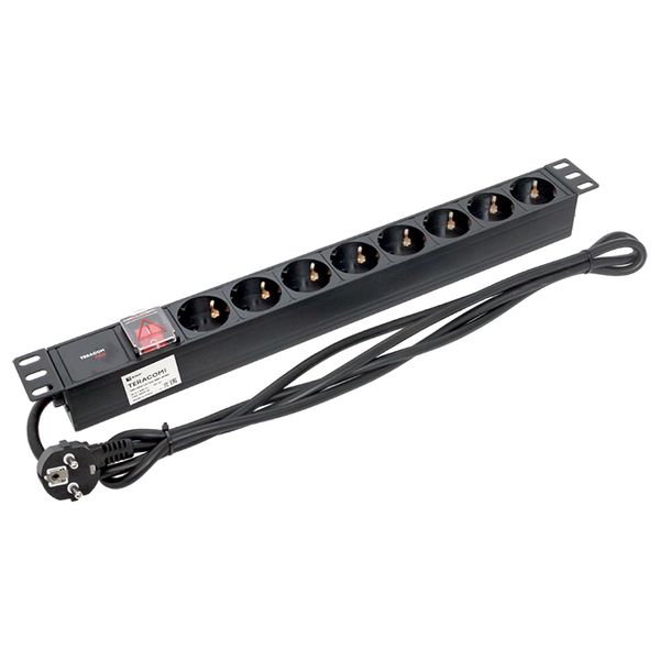 Блок розеток PDU TERACOM PRO 19'' 1U 16А/250В 8 розеток Schuko с выключателем шнур питания длиной 2 метра сечение 3x1.5 мм2 вилка Schuko корпус алюминий черный EKF TRP-HPD-LS-16A-8SH-2MSH