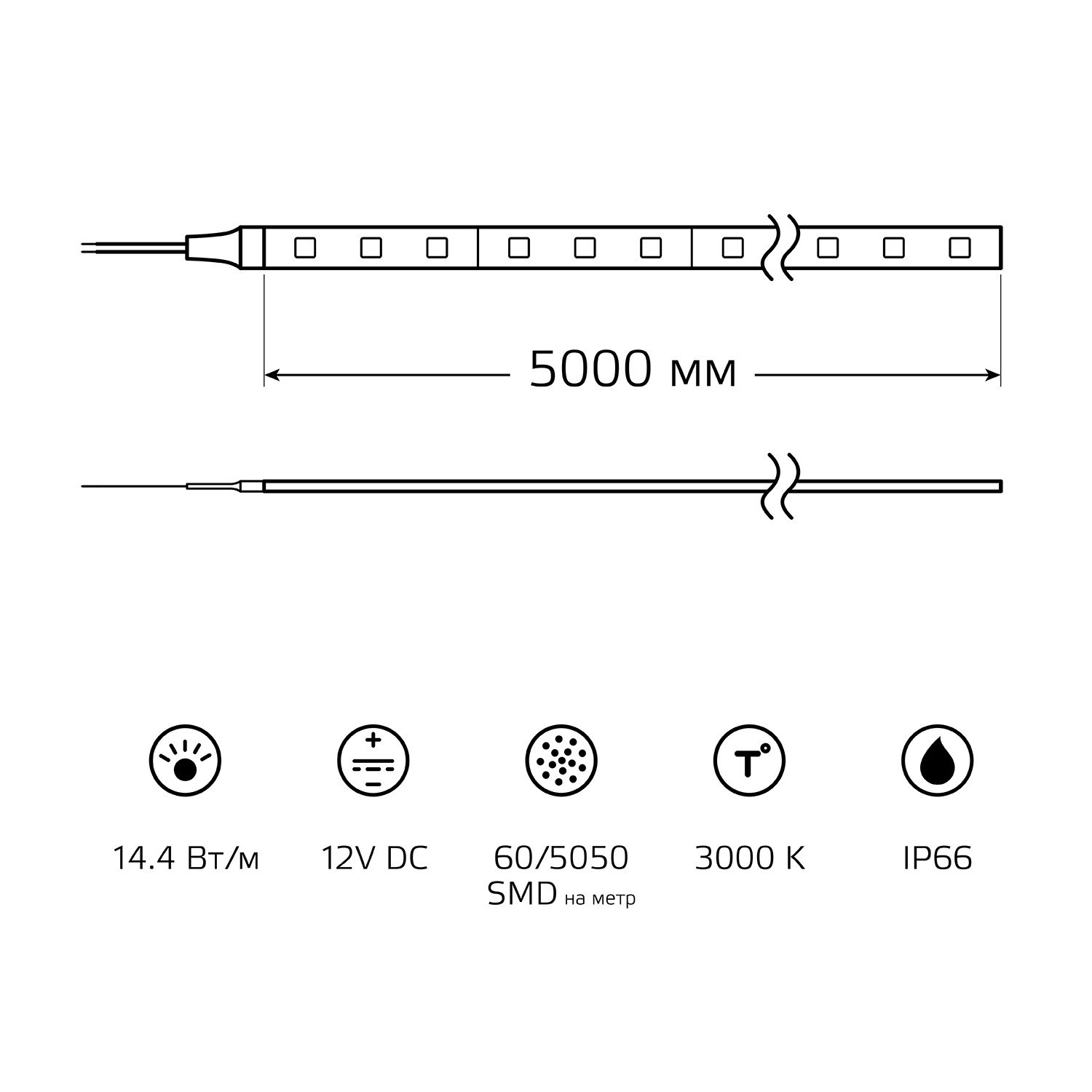 Лента светодиодная 14.4 Вт/м  12В 3000К IP66 60LED/м SMD5050 660 лм/м Blk Gauss GAUSS 311000114 311000114*