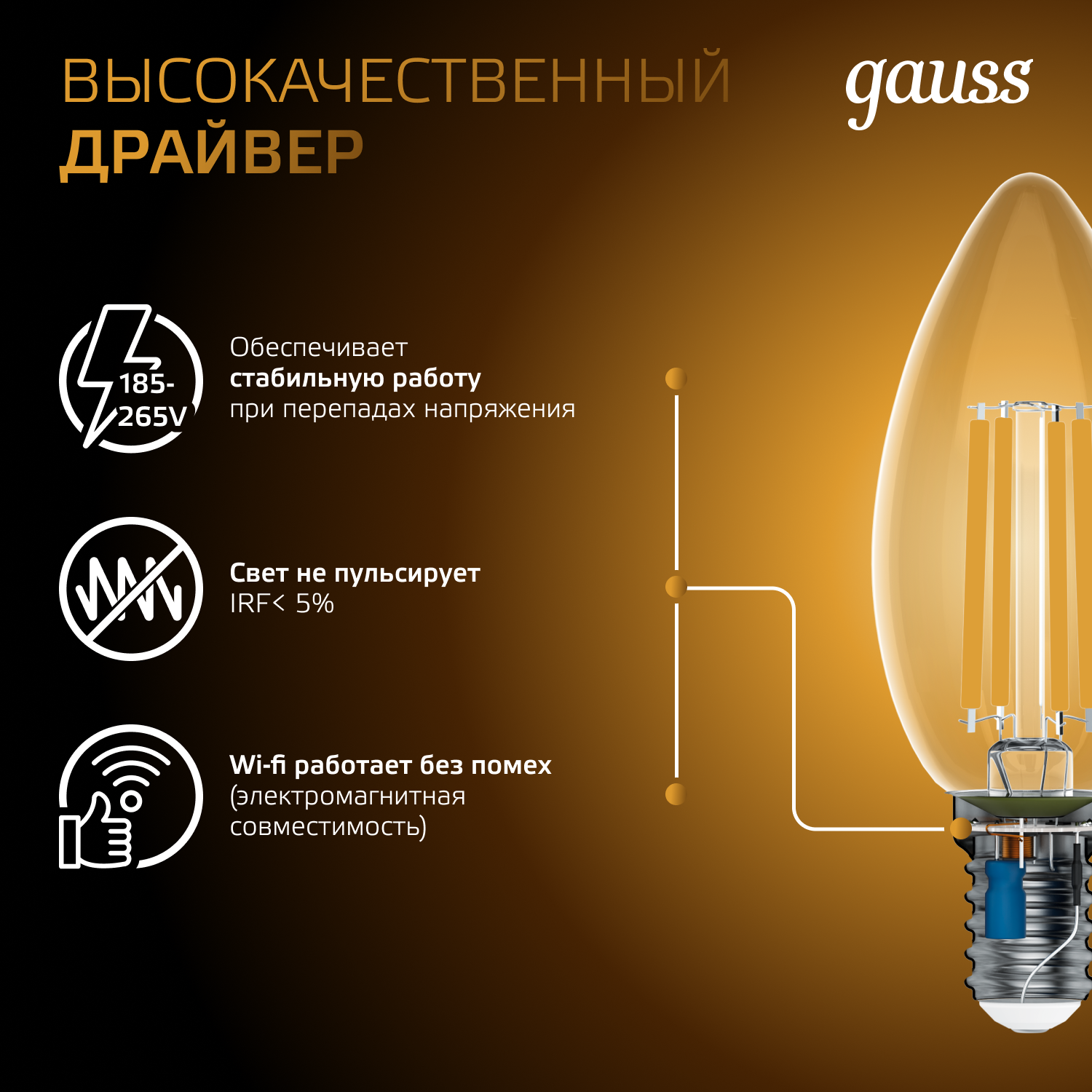 Лампа светодиодная филаментная LED 5 Вт 420 лм 2700К свеча теплый E14 AC 220В прозрачная колба Black Filament Gauss GAUSS 103801105