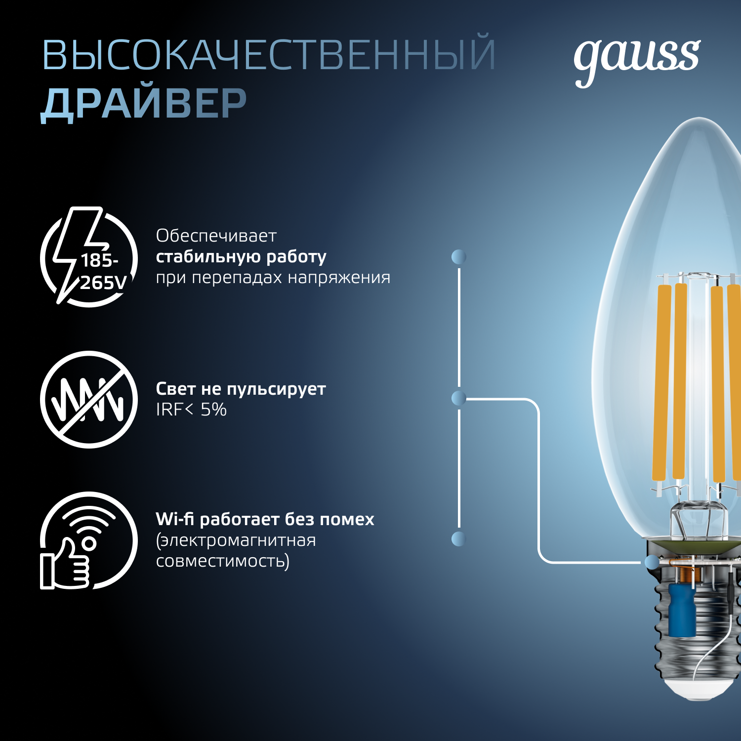 Лампа светодиодная филаментная LED 9 Вт 710 лм 4100К AC185-265В E14 свеча нейтральный Black Filament GAUSS 103801209