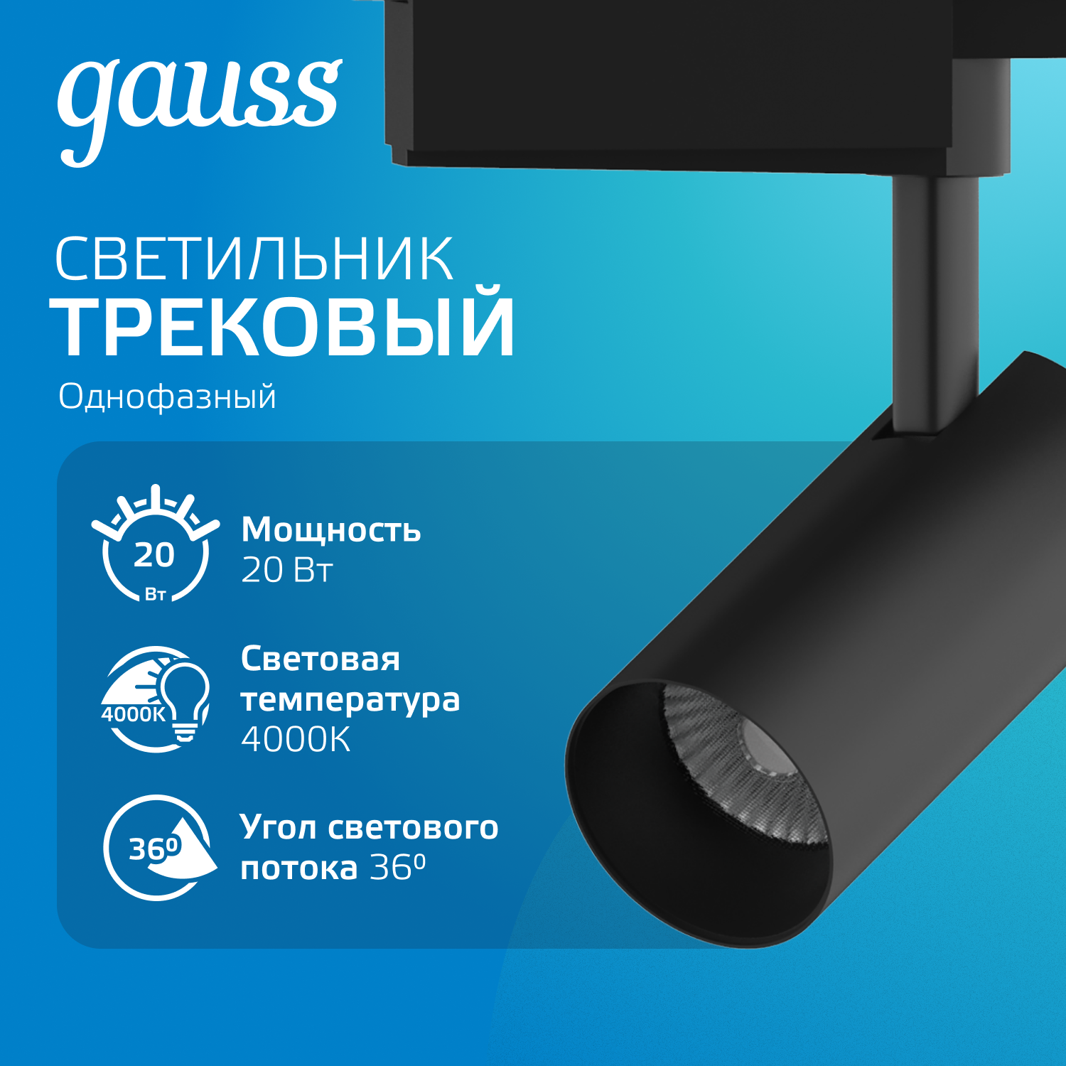 Светильник светодиодный трековый однофазный LED ДПО 20 Вт 1760 Лм 4000К IP20 d65х206 мм Track Gauss GAUSS TR084