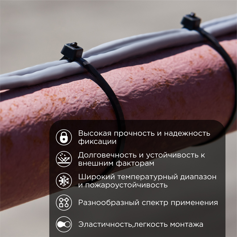 Хомут-стяжка кабельная нейлоновая 250x4,8 мм, черная, упаковка 100 шт, REXANT 07-0251-5