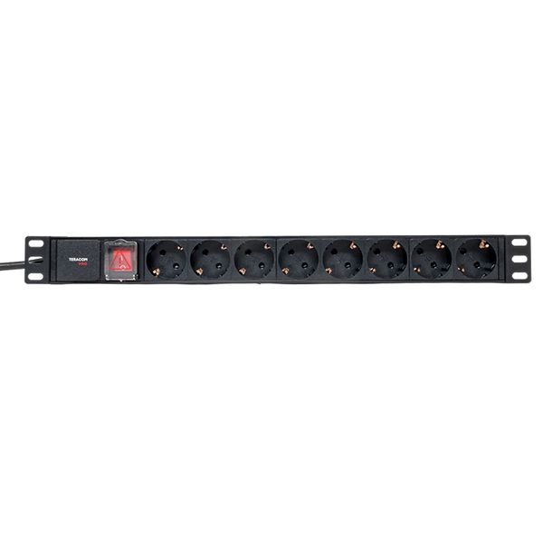 Блок розеток PDU TERACOM PRO 19'' 1U 16А/250В 8 розеток Schuko с выключателем шнур питания длиной 2 метра сечение 3x1.5 мм2 вилка Schuko корпус пластик черный EKF TRP-HPD-LSP-16A-8SH-2MSH