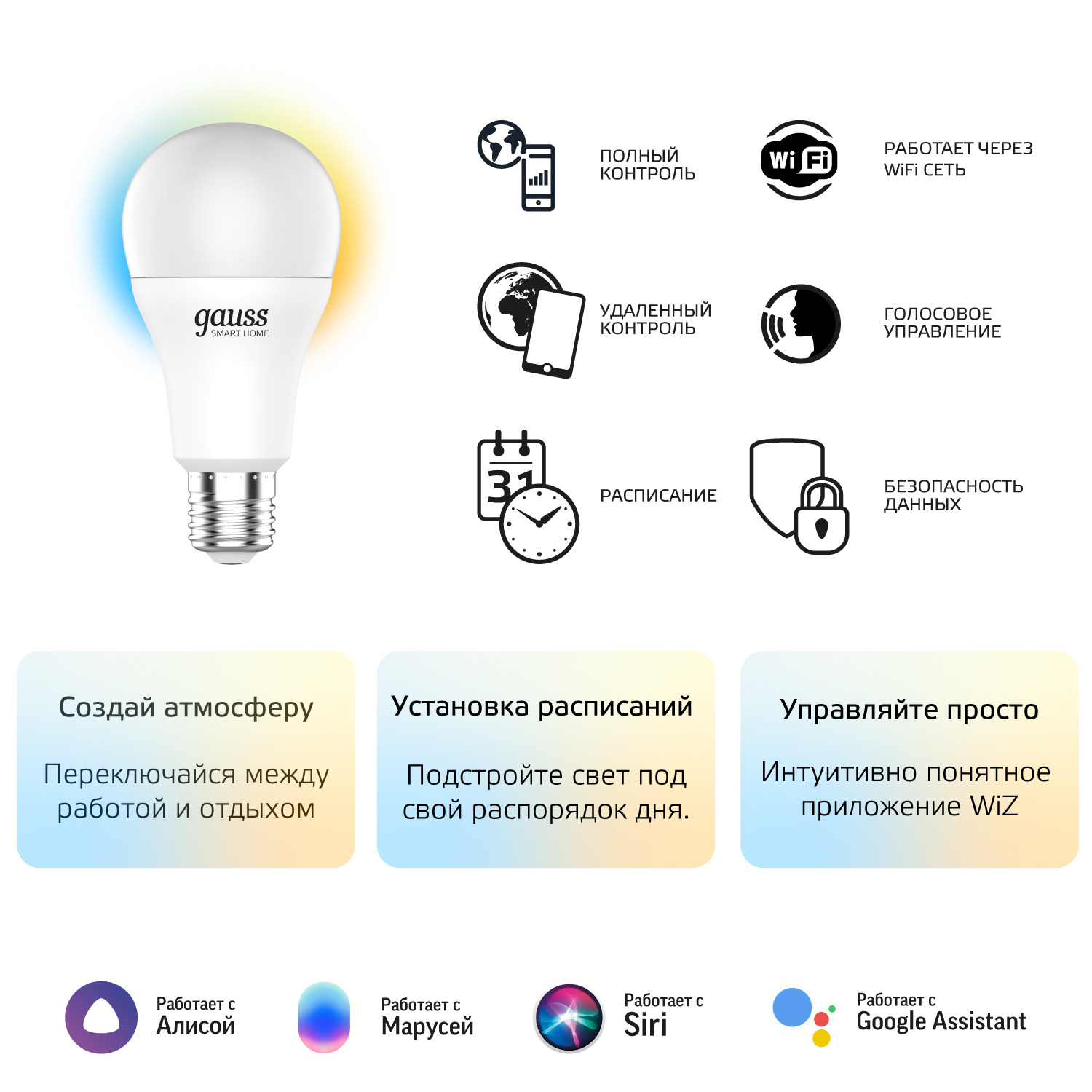 Лампа светодиодная умная SMD LED 10 Вт 1055 лм 2700-6500К E27 AC 220В IP20 изменение цветовой температуры и диммирование управление по Wi-Fi Smart Home Gauss GAUSS 1080112