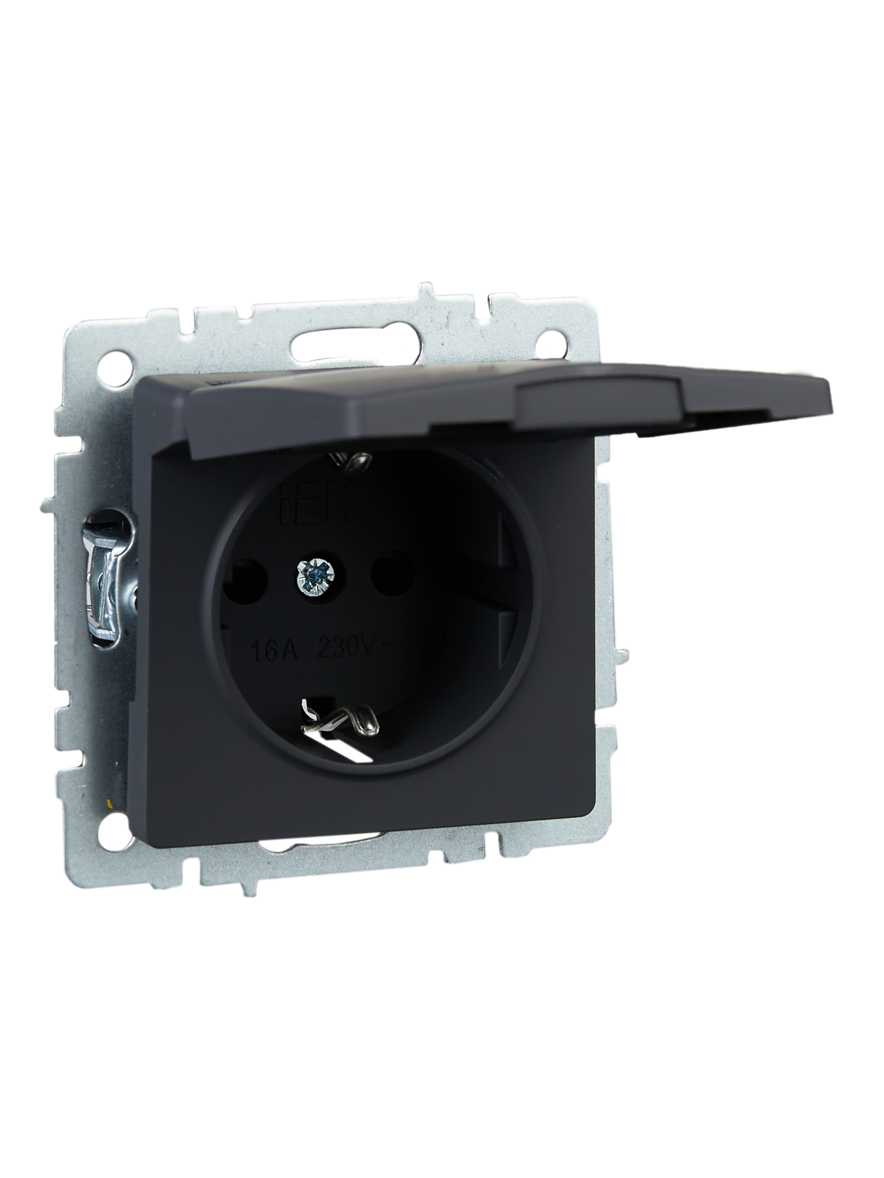 BRITE Розетка с заземлением с защитными шторками и крышкой 16А IP20 РСбш10-3-БрГ графит IEK BR-R16-16-K53