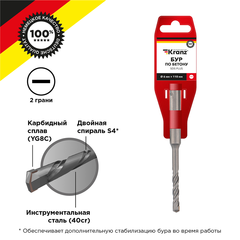 Бур по бетону 6x110x50 мм SDS-plus Kranz KR-91-0006