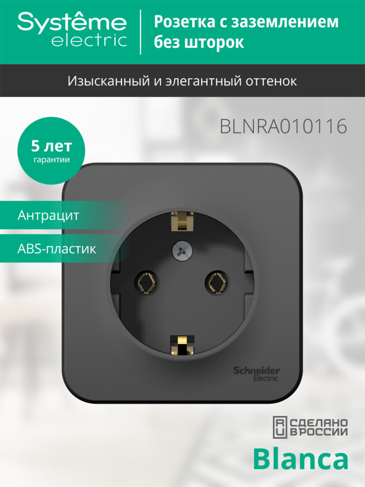 BLANCA Розетка наружная с заземлением без шторок с изолирующей пластиной, 16А, 250В, антрацит Systeme Electric BLNRA010116