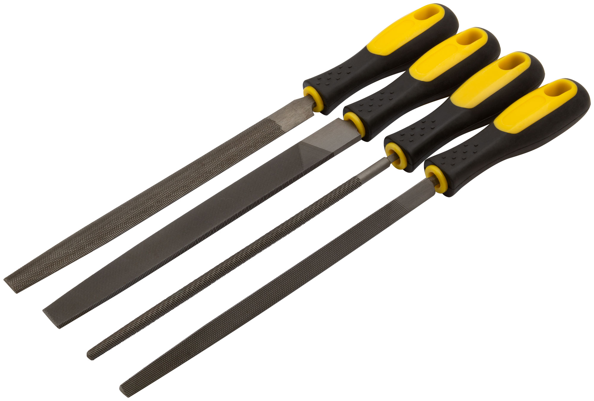 Напильники, прорезиненная ручка, набор 4 шт (трехгранный, плоский, круглый, полукруглый) 200 мм FIT 42596