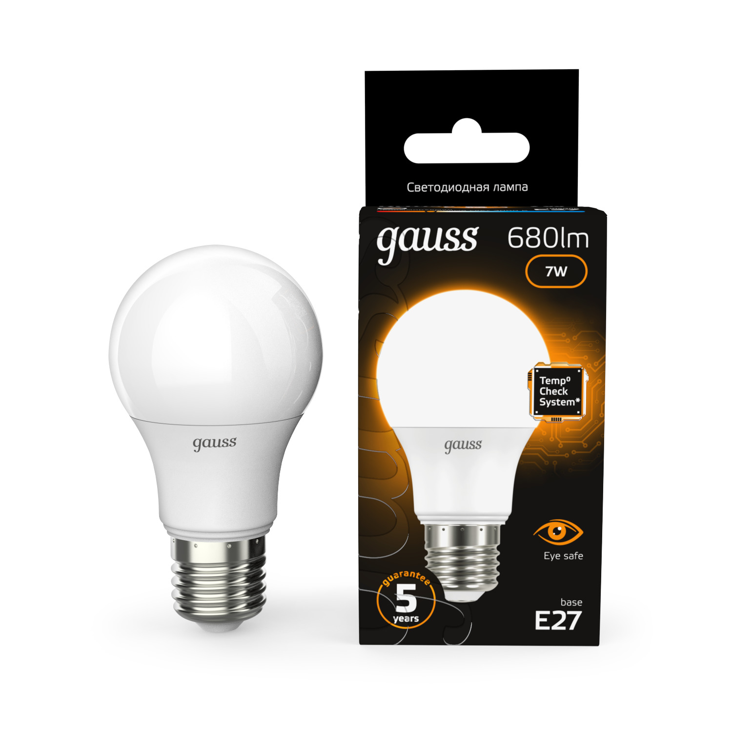 Лампа светодиодная LED 7 Вт 680 лм 3000К А60 груша теплый E27 AC 220В Black GAUSS 102502107