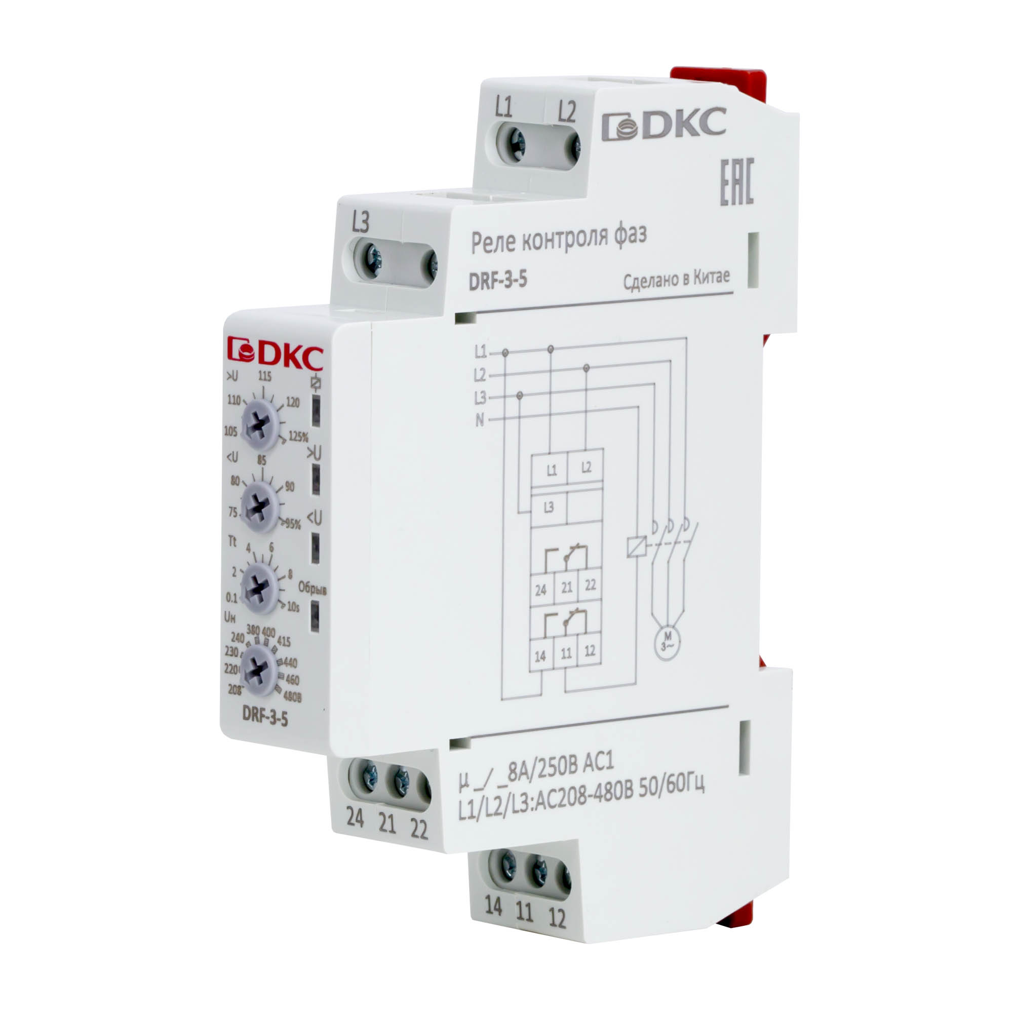 Реле контроля фаз, 3 фазы, контроль напряжения, контроль обрыва фаз, конфигурация контакта 2CO, 208-480В DKC DRF-3-5