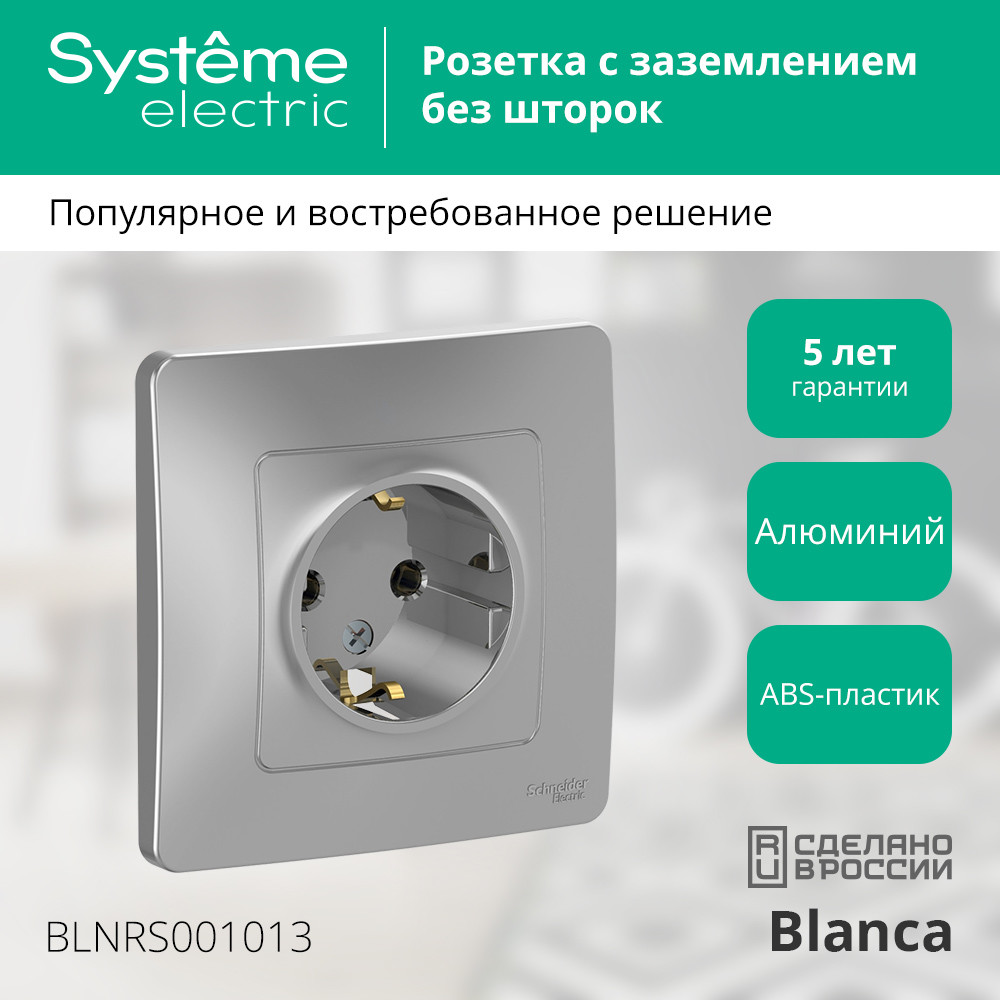 BLANCA скрытой установки розетка с заземлением без шторок, 16А, 250В, алюминий Systeme Electric BLNRS001013