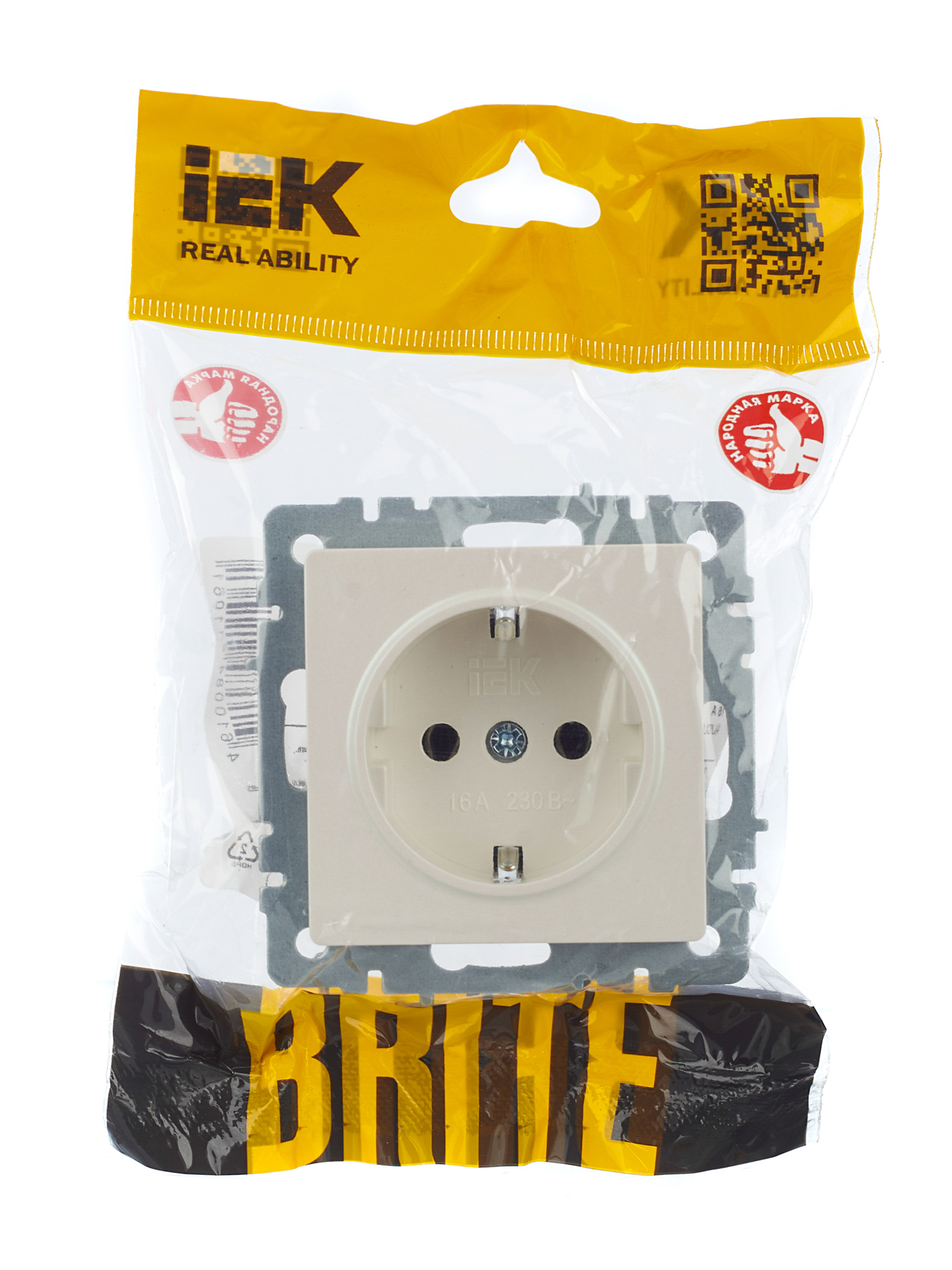 BRITE Розетка с заземлением без защитных шторок 16А РС11-1-0-БрЖ жемчуг IEK BR-R11-16-K36