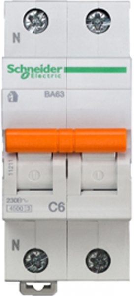 Выключатель автоматический двухполюсный 6А 1п+N С ВА63 4.5кА Schneider Electric 11211