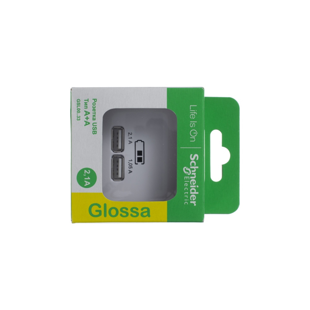 Розетка GLOSSA USB 5В/2100мА 2х5В/1050мА механизм белый Systeme Electric GSL000133