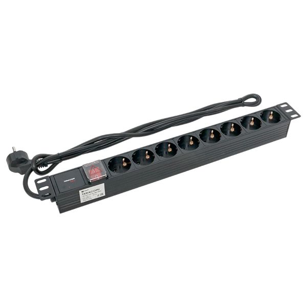 Блок розеток PDU TERACOM PRO 19'' 1U 16А/250В 8 розеток Schuko с выключателем шнур питания длиной 2 метра сечение 3x1.5 мм2 вилка Schuko корпус пластик черный EKF TRP-HPD-LSP-16A-8SH-2MSH