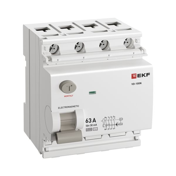 Выключатель дифференциального тока ВД-100N  4P 63А 30мА тип AC эл-мех 6кА PROXIMA EKF E1046M6330