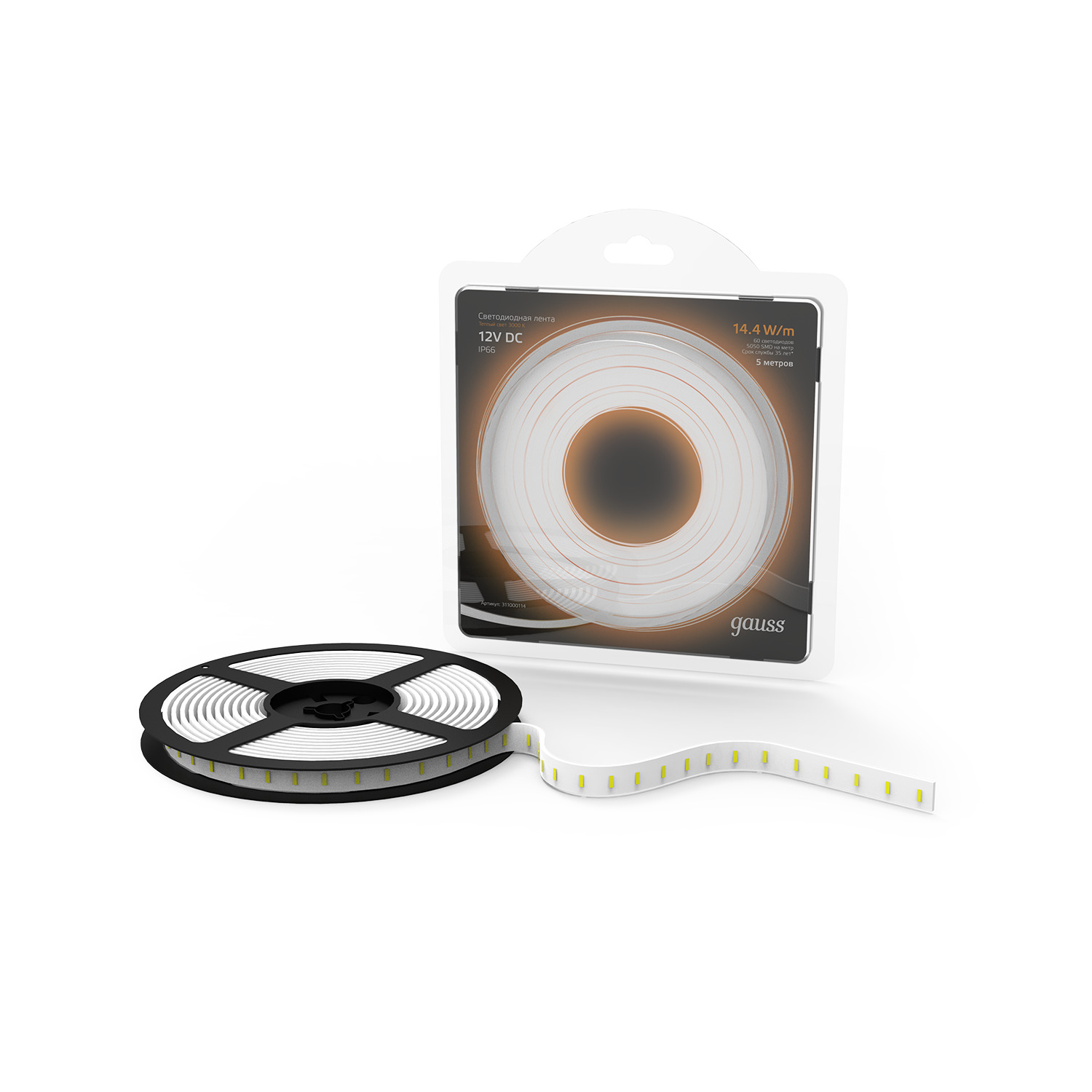 Лента светодиодная 14.4 Вт/м  12В 3000К IP66 60LED/м SMD5050 660 лм/м Blk Gauss GAUSS 311000114 311000114*