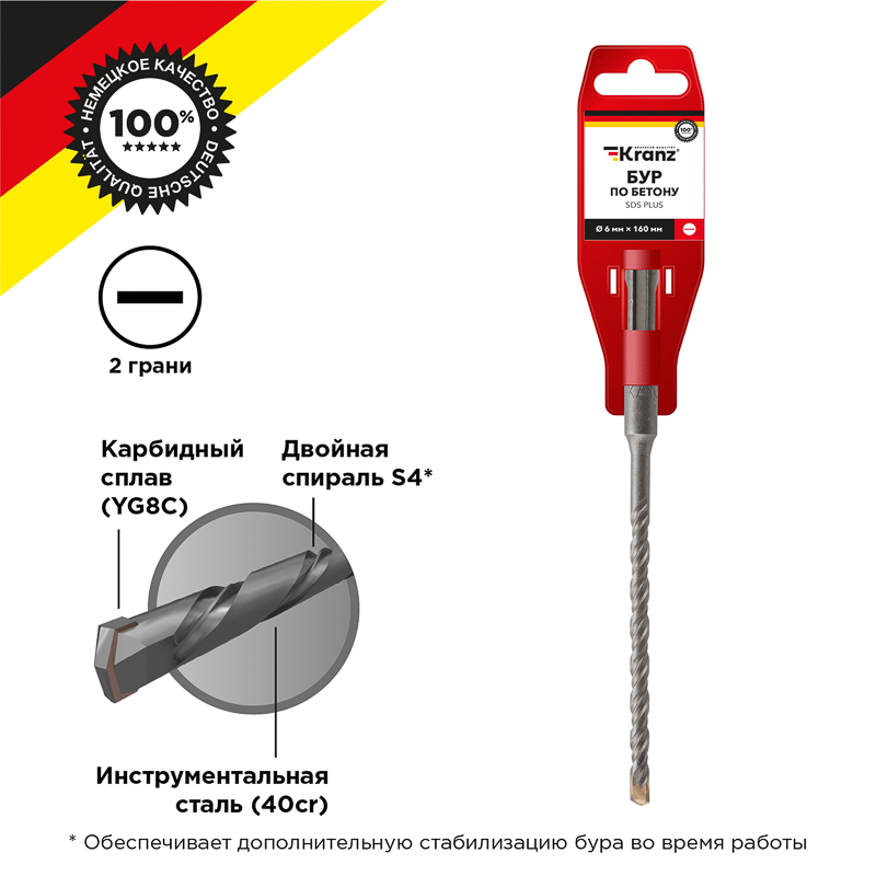 Бур по бетону 6x160x100 мм SDS-plus Kranz KR-91-0011