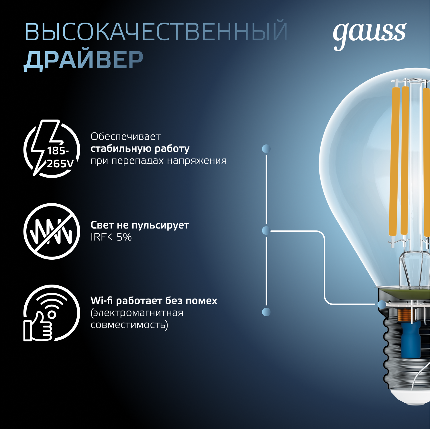 Лампа светодиодная филаментная LED 7 Вт 580 лм 4100К шар P45 нейтральный E14 AC 220В прозрачная колба Black Filament GAUSS 105801207