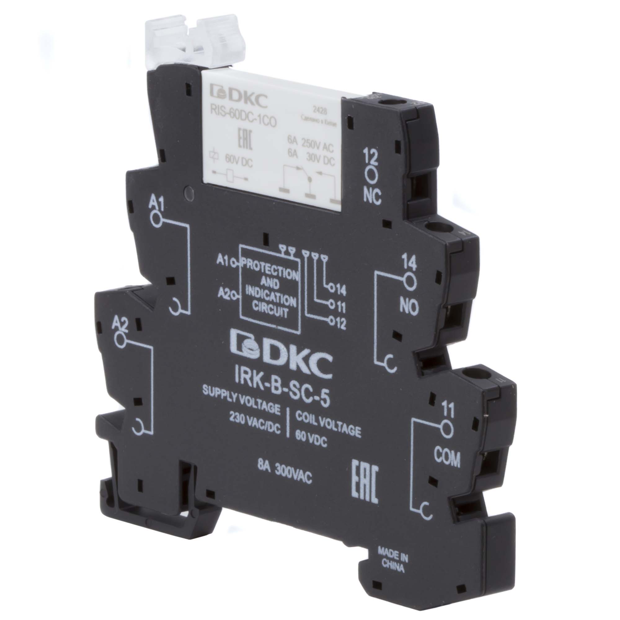 Реле интерфейсное, 1CO, ком. ток 6А, AgSnO2, напряжение 230V AC/DC, винтовые клеммы. DKC IRK-230UC-1CO