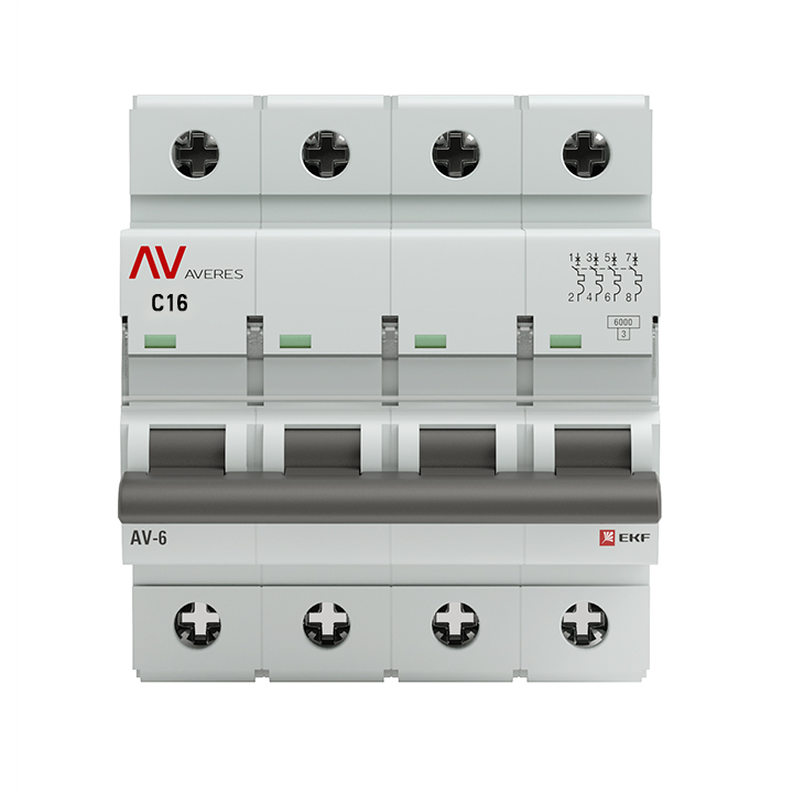 Выключатель автоматический AV-6 4P 16A (C) 6kA AVERES EKF mcb6-4-16C-av