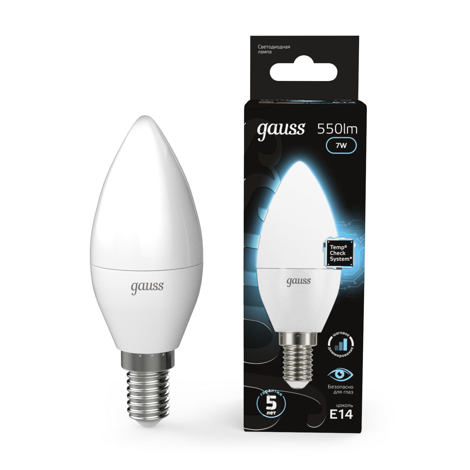 Лампа светодиодная LED 7 Вт 550 лм 4100К AC150-265В E14 свеча нейтральный шаговое диммирование выключателем Black Gauss GAUSS 103101207-S